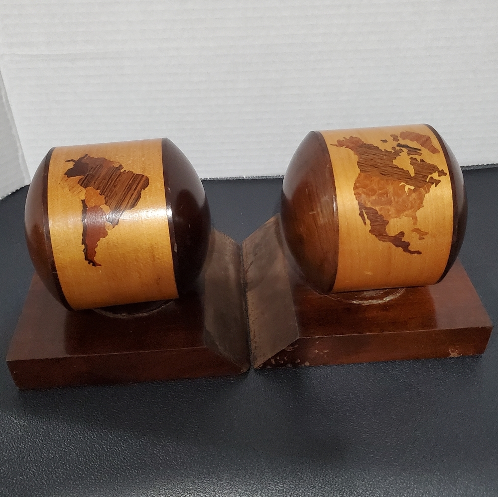 Brazilian Bookends Inlaid Wood MCM Vintage Globe Bookends Rare Curios L👀K